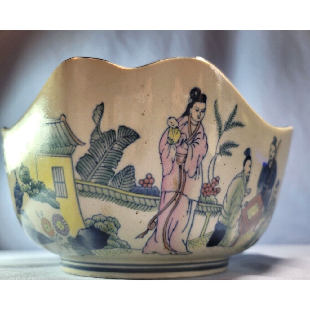 Chinese Hand Painted Trinket Candy Bowl Oriental Asian Heavy Decorative Dish VTG